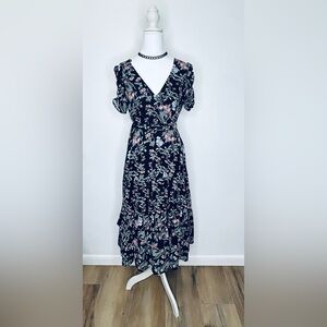 Forever 21 Women's Floral Black Georgette Fit and Flare Midi Casual Dress